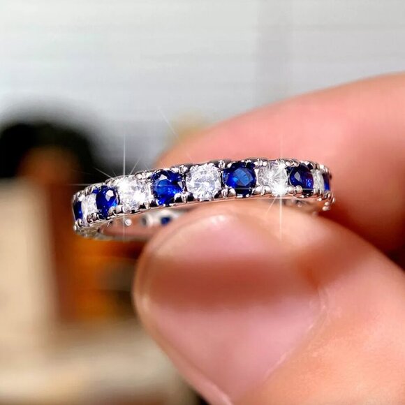 NEW 925 Sterling Silver Sapphire Diamond Ring Thin Ring Band - Picture 2 of 7